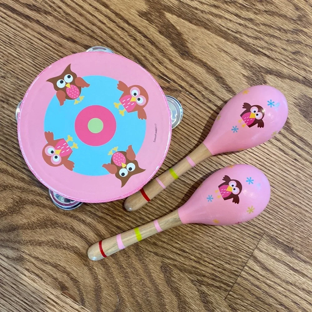 Kids Owl Tambourine and Maracas Set - Pink